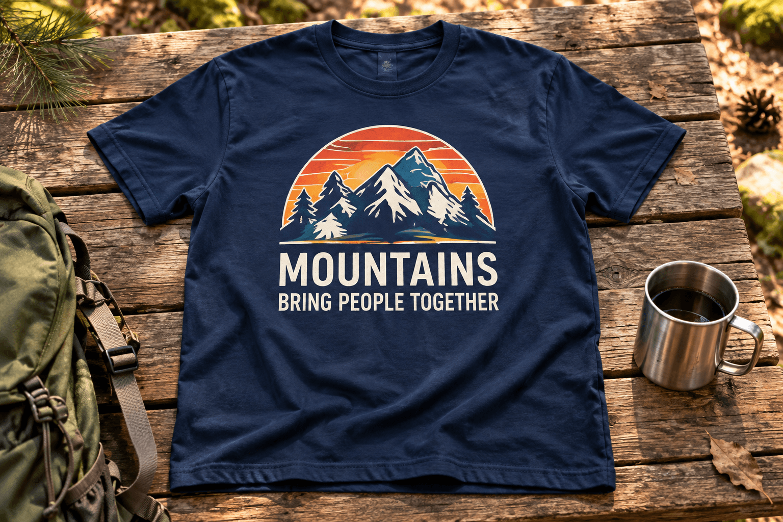 Navy club shirt with an orange sunset mountain badge and Mountains Bring People Together print.