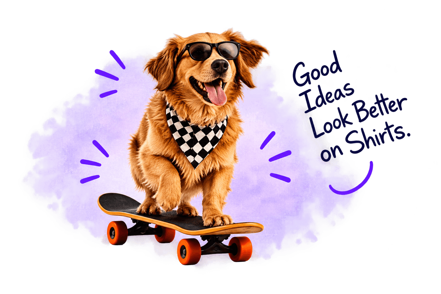 A golden retriever wearing sunglasses and a checkered bandana, sitting on a skateboard.