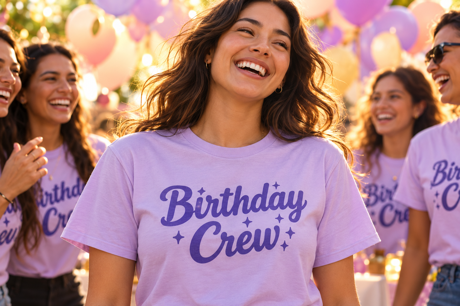 Woman celebrating with friends in a lavender Birthday Crew shirt