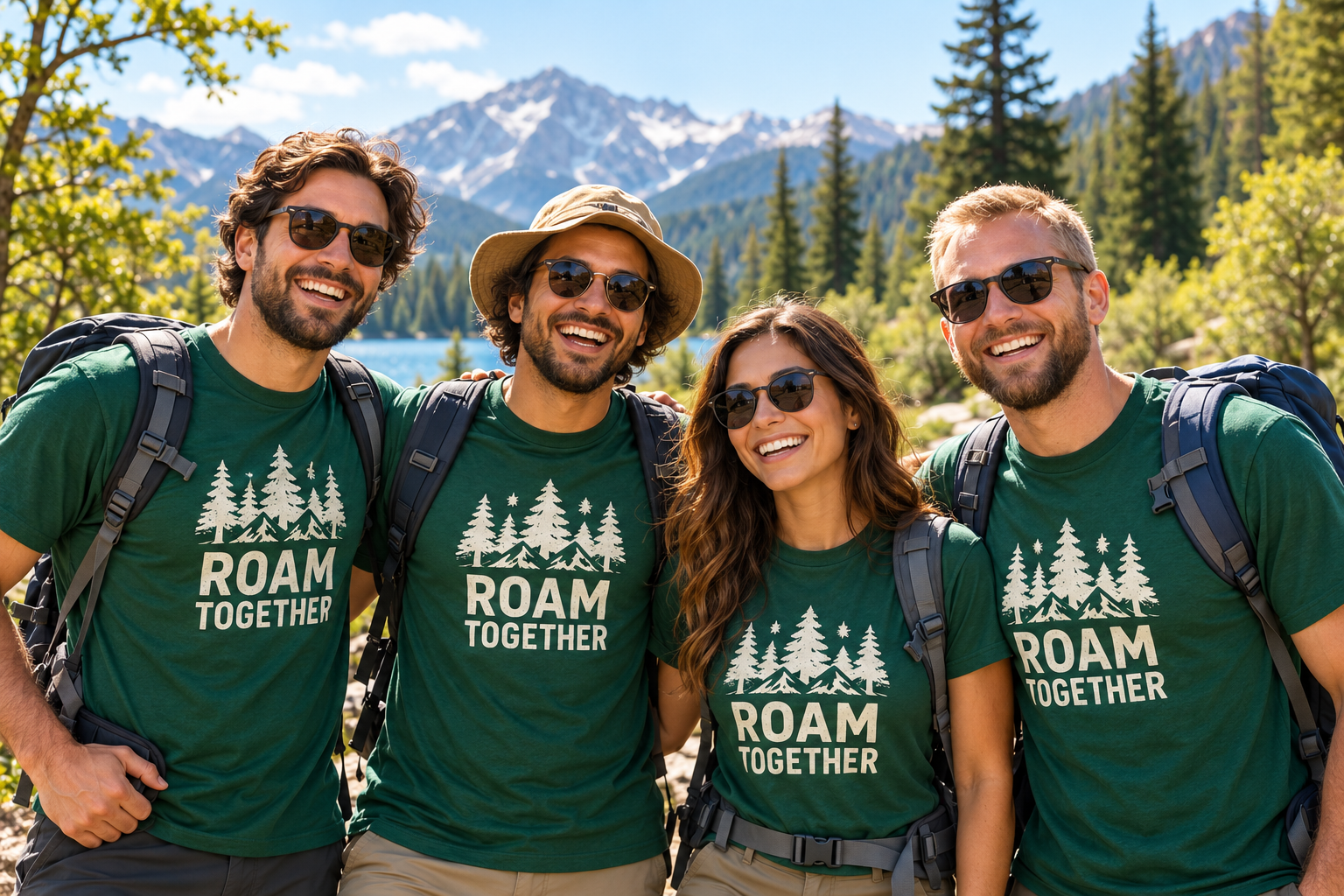 Four friends in matching green Roam Together shirts on a mountain outing