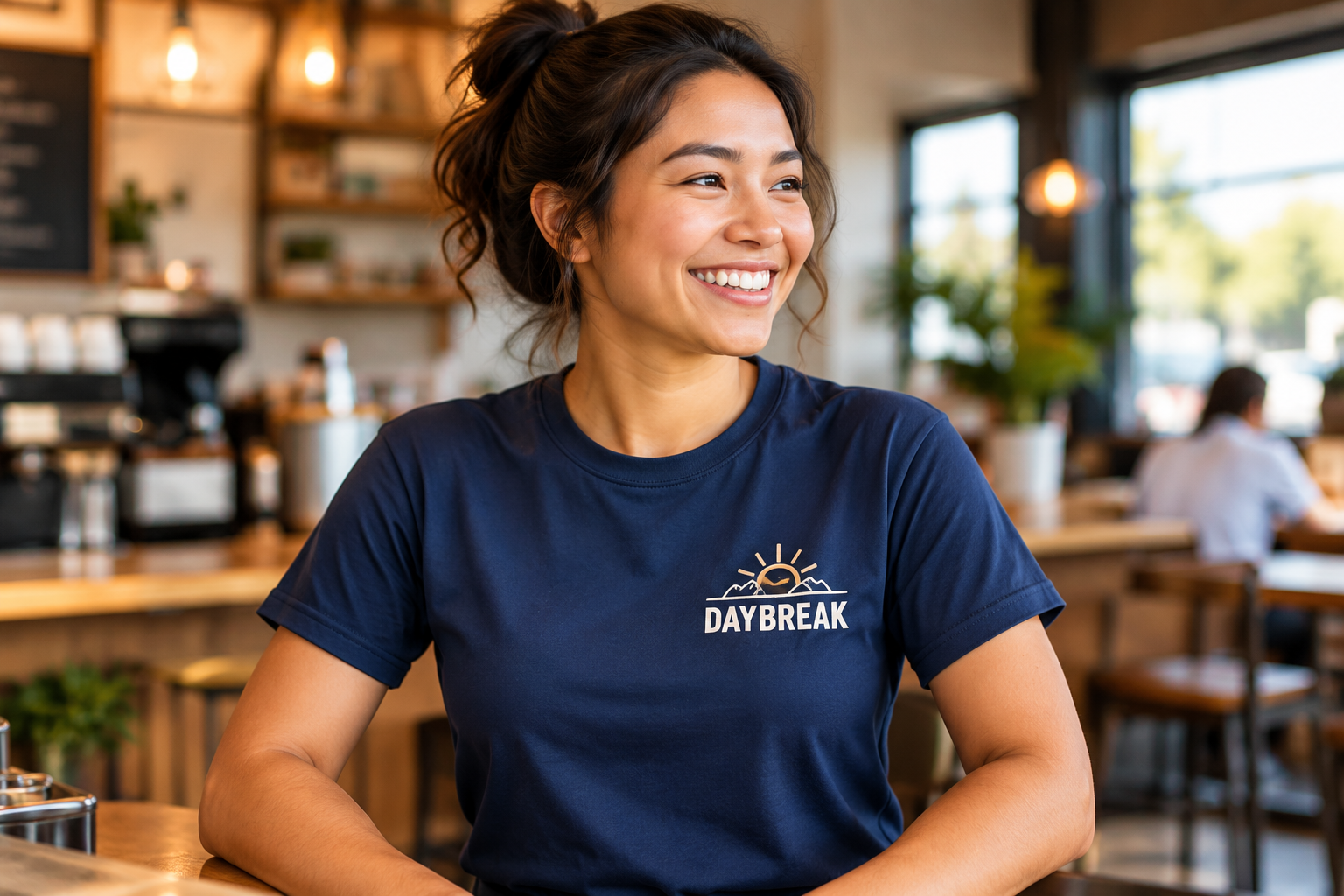 Smiling café employee wearing a navy Daybreak staff shirt
