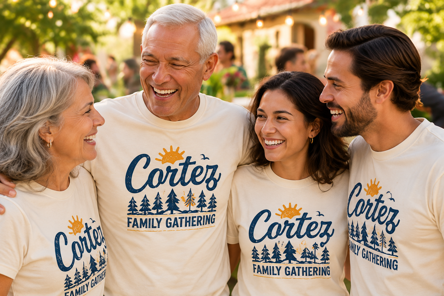 Generations of a family celebrating in cream Cortez Family Gathering shirts