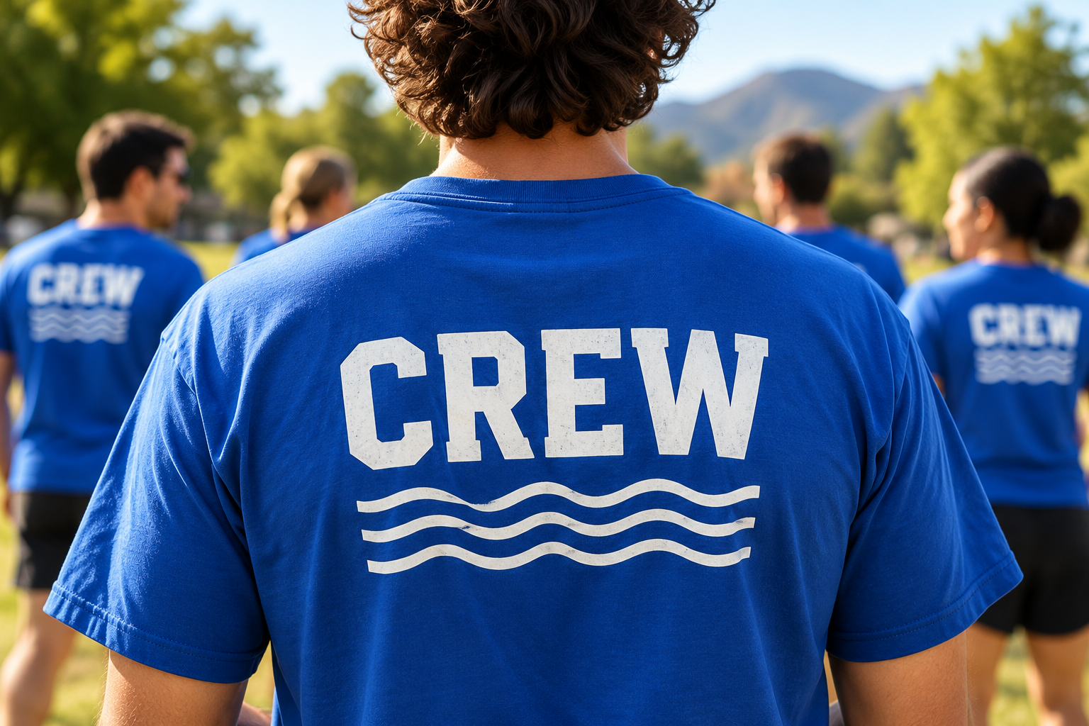 A group member wearing a blue shirt with a large Crew print on the back