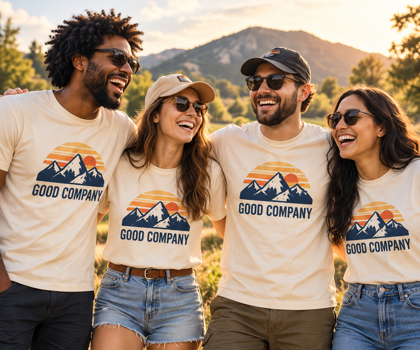 Four friends laughing in matching cream Good Company mountain shirts at sunset