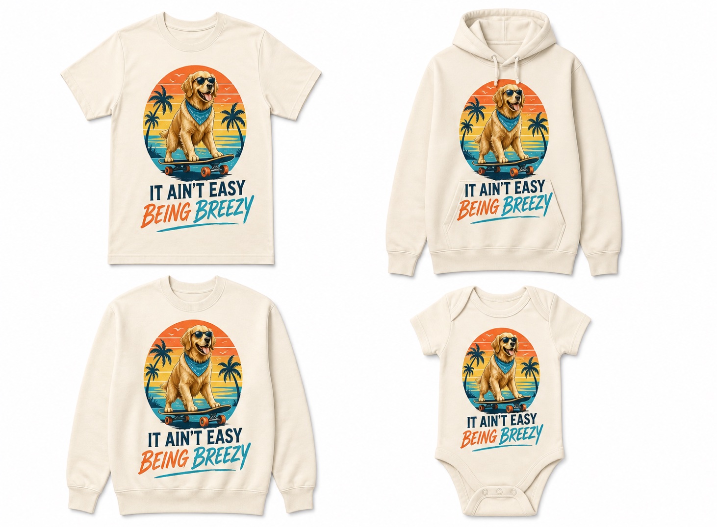 Custom AI-generated graphic designs on a t-shirt, hoodie, sweatshirt, and baby onesie