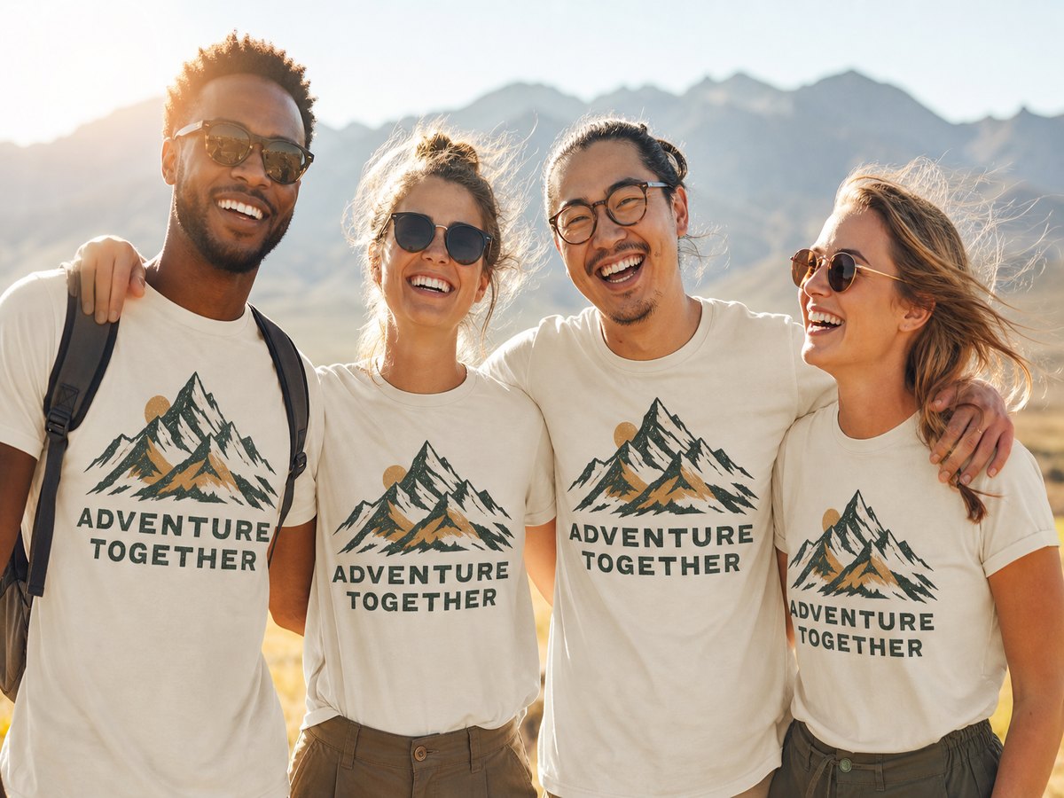 Friends on a trip wearing matching cream custom shirts