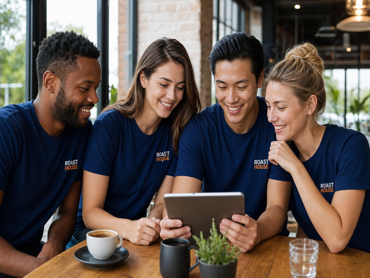 Coworkers wearing matching navy custom company t-shirts