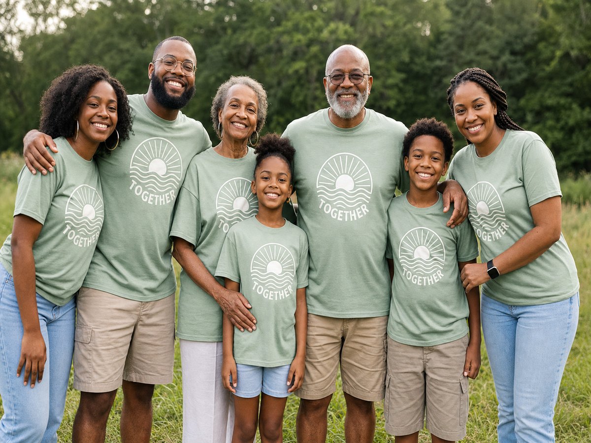 Family wearing matching sage green custom event shirts outdoors