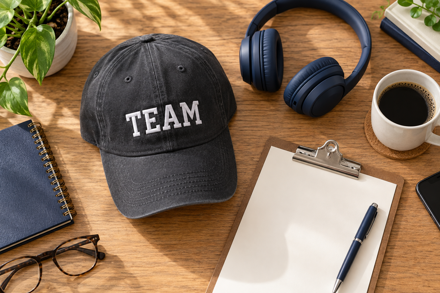 Black cap embroidered with Team beside a clipboard and workday accessories