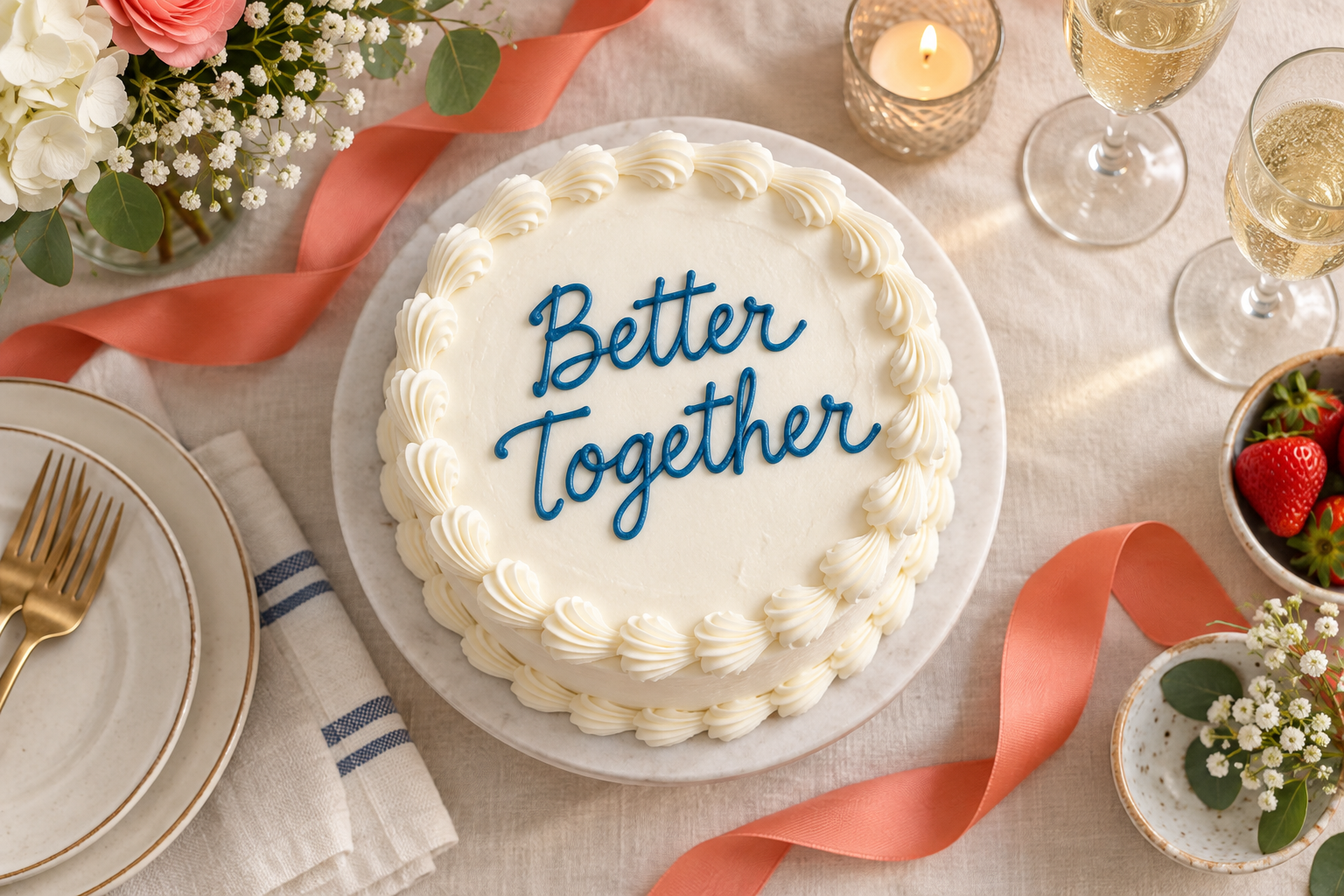 White celebration cake with Better Together lettering and coral ribbon