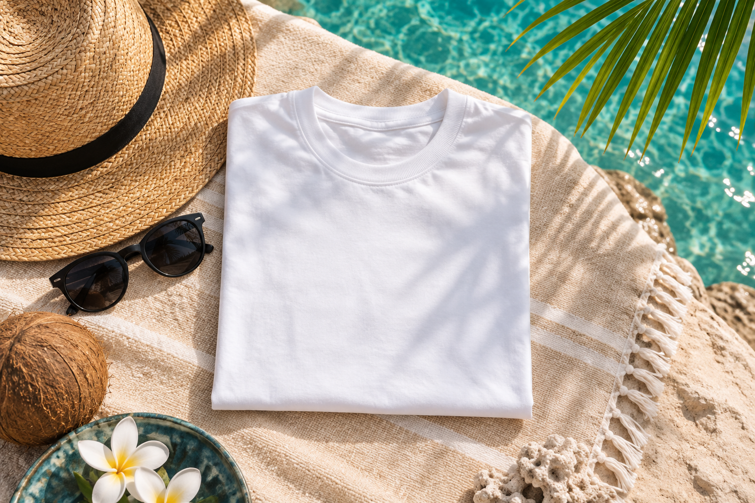 Vacation shirt with a straw hat and tropical travel accessories